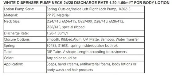 316ss สปริงไวท์ โลชั่นร่างกาย ปั๊มคอ 24 / 28 อัตราการปล่อย K202-5